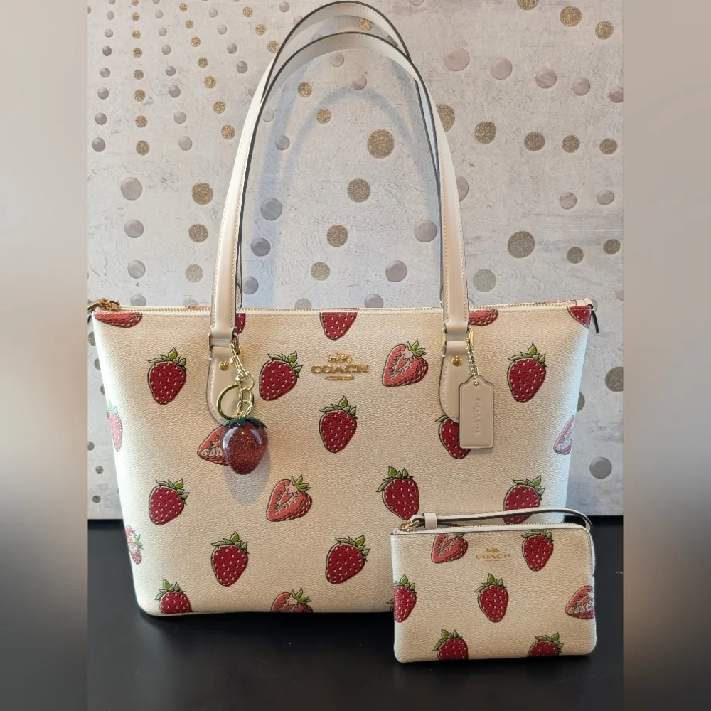 3pc Coach Beige Coated Canvas Strawberry Tote & Matching Wristlet/ Charm🍓 - Picture 5 of 16